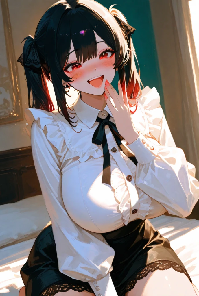  ((((Open your mouth))))、(masterpiece,Realistic depiction、highest quality,High resolution, Top-of-the-line specifications、Very detailed,bb Festival),skinny,Ahoge,Black Hair,(((((  Captivating smile ))))),skinny,Hair between the eyes,bangs,Hair Dark Brown Skin、Ribbon,Black Choker,Earrings,Black Ribbon,pleats shirt,Grey Shirt,shoulder cutout,Short sleeve,See-through sleeves,Black Skirt,High Waist Skirt,(((( Perfect Fingers )))) ,  shoes,(black shoes:1.4),Race trim,shoes,Black footwear,indoor,(sexy bed:1.2),((Heart-shaped pupils:1.3, Blowjob Gestures:1.5))、Open your mouth ,Sitting, bed ,Heavy breathing ,Hand in front of your mouth,Hand in front of mouth, manga,text,magazine、(Black medical mask pull:1.3, Dark Room:1.5, Dim lighting:1.5)、Sharp Eye