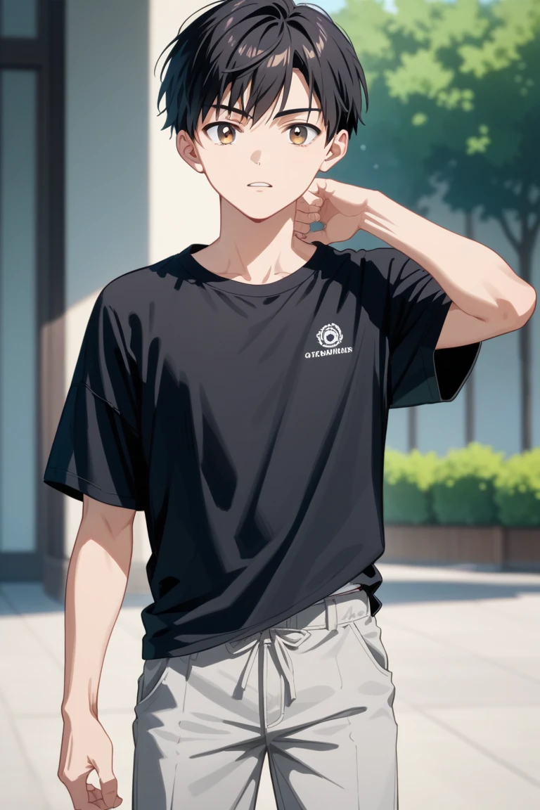 1 male high school student, athletic festival, gymnastics uniform, sporty man, not muscular, 17 years old short dark hair handsome caucasian male, wearing blue gym shorts, smiling, white shirt, standing on grind,Viewed from diagonally above