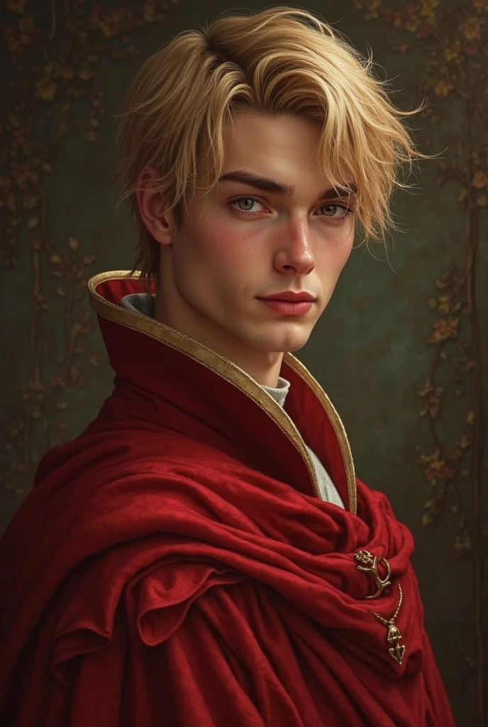 Design a book cover with the name and meaning Laurin, his body is very toned his skin has a golden shimmer he has hazel eyes dark blond hair that falls to the left through a left side parting his sides of the hair are short he is nice affectionate he wears a red royal robe,  20 years old, kurze Haare, no hair on the face