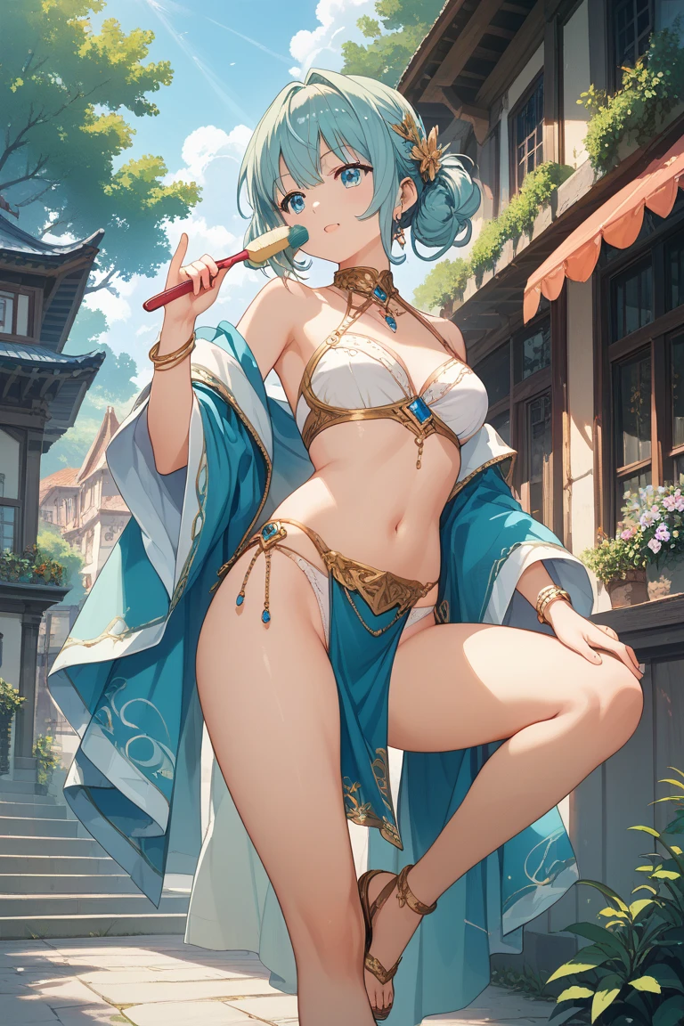 Wearing a bikini、Wearing a hat and a sword,Wearing headphones, (masterpiece, best quality) detailed,silver accessories , Blonde ,elegant, Pointed ears ,Chinese element pattern,Wear a white shirt,Navel exposed,Barefoot