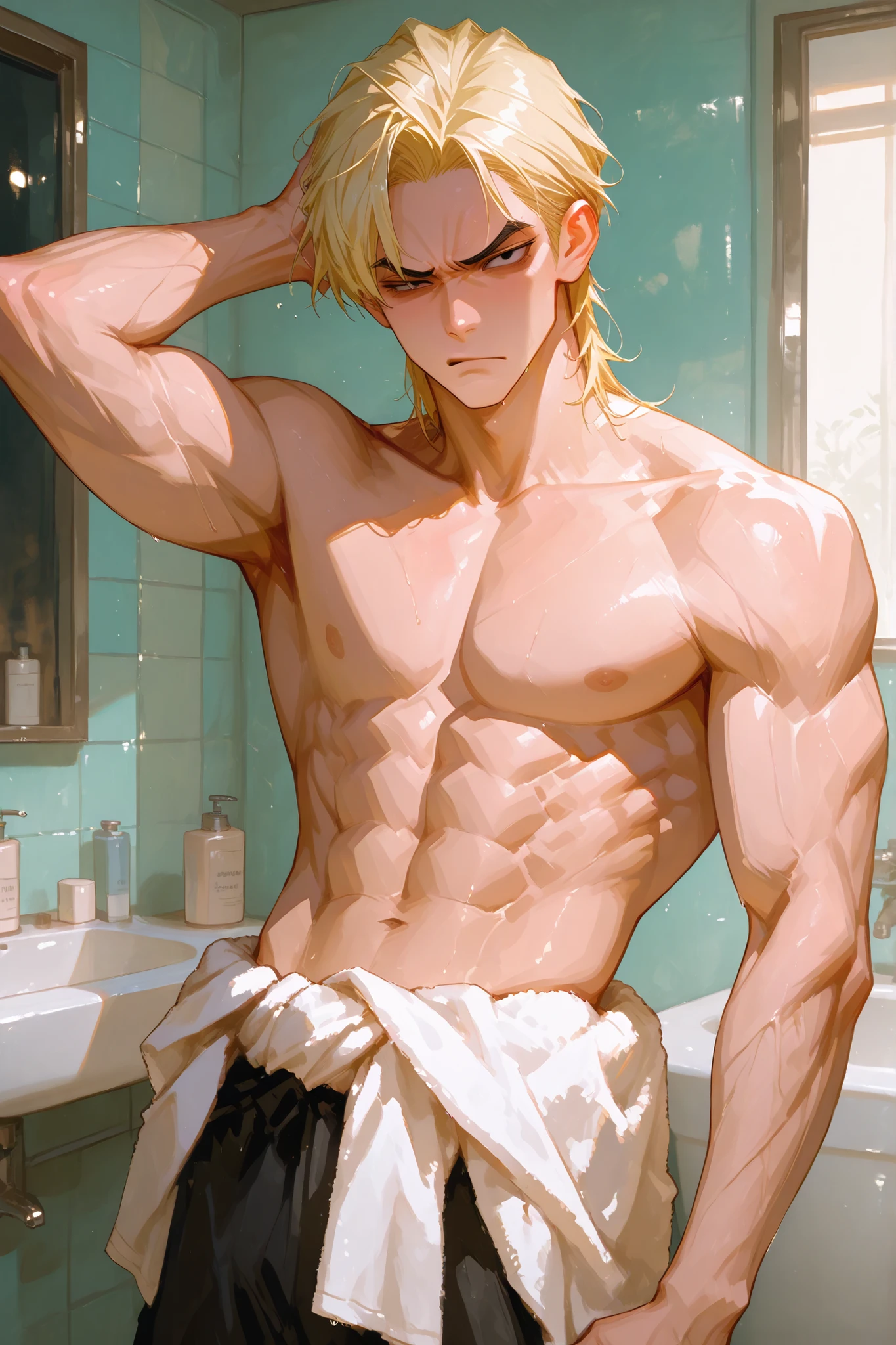 Aether, blonde hair, young boy, cat ears, chiseled abs, chiseled pecs, sweating, wet