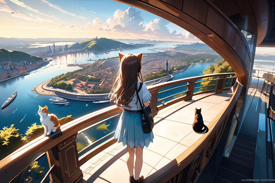 full color, ultra-realism, detailed and intricate texture, Detailed and delicate paintwork, Detailed and sharp image, (A hill overlooking a beautiful and sparkling port city、is the park's observation deck, Rear view of a girl, looking at the charming and majestic view, At the top of the wall, that stretches all the way to the edge、Cats gather), BREAK A clear and vivid image of, (Add layers of  transparency ), (indifference, kind, aesthetic), Cinematic light effects, (Detailed and sharp image,  transparency :1.2), ultra high resolution, Use all kinds of effects to captivate your audience,   Detailed and sharp image quality  , 16 thousand., dynamic shot, 