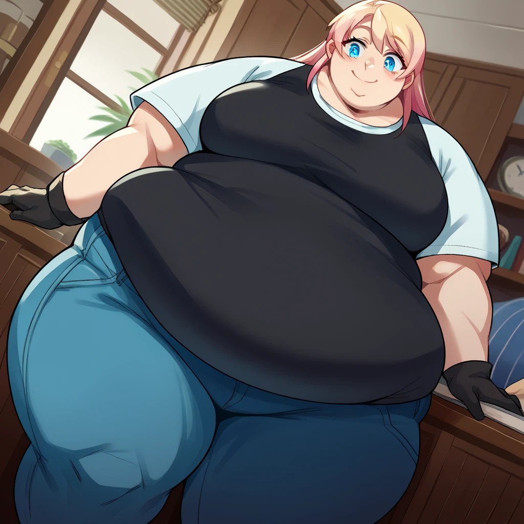 ((high aesthetic, art by BetterWithSalt)), 1girl, wavy blonde hair, hair in a bun, green eyes, black pencil skirt, dress shirt, (pantyhose), cute smile, (plump), [stuffed_belly], (cowboy shot), fancy office background with lots of windows, (best quality, masterpiece)

