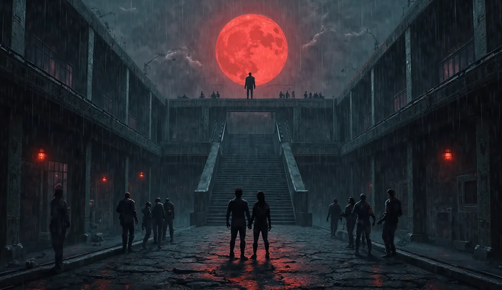 Okay, I'll edit the prompt for you based on what you requested — without a red moon, with a mysterious atmosphere and falling rain, with tension and strong feelings:


---

Prompt (The Final Showdown — Jack and the Hero vs the Villain — Revised Version):

"A dark, rainy night shrouds the ruined courtyard of a hidden facility. Heavy rain falls over cracked concrete, puddles reflecting flashes of dim, flickering lights. The hero and Jack stand side by side in the center—soaked, bruised, and breathing heavily, yet burning with determination. Behind them, shadows loom. In front of them, at the top of a grand staircase, the main villain stands confidently, slightly lit , his sinister smile visible as thunder rumbles. His soldiers line both sides, aiming futuristic weapons down at the duo. Rain drips from their rifles. A tense silence lingers. The hero’s aura begins to flicker subtly, while Jack tightens his grip on a battered, makeshift weapon. It's the moment before chaos—the final confrontation under the storm."


---

If you want to leave a specific element in lighting or specific  expressions, we can adjust it more as well..

