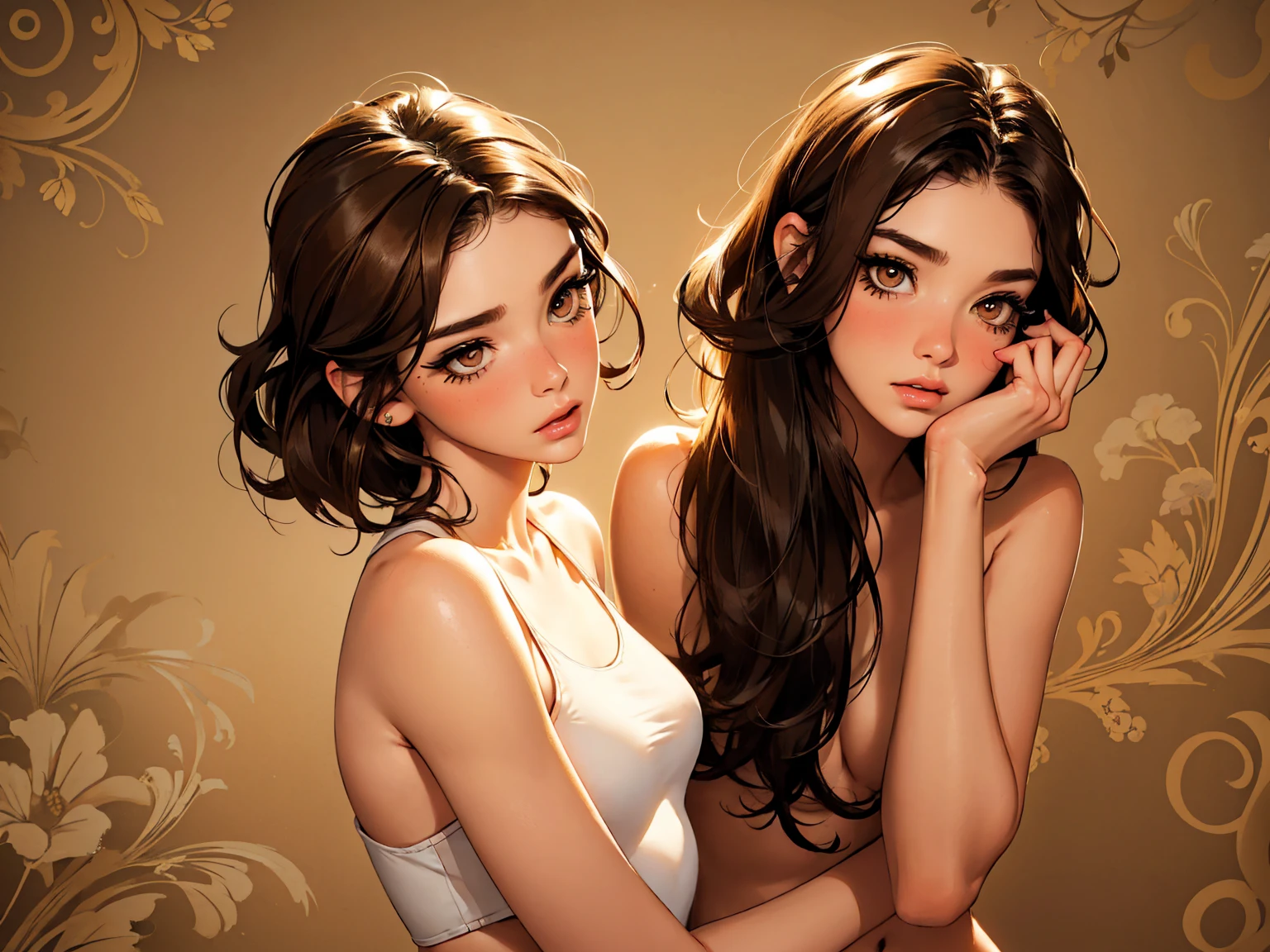 A stunning woman stands solo, hips slightly upturned, her detailed face radiating a sultry invitation. amber eyes shine like warm honey as she sports multi-colored hair with trendy bangs. A tattooed dragon wraps around her toned physique, visible beneath a fitted t-shirt that accentuates her chest. A delicate necklace glimmers against her skin as she confidently wears a sexy smile. Her mischievous gaze seems to say 'come closer', drawing the viewer's eye like a magnet. Framed by a soft, golden light, Makima's beauty is perfectly balanced and on full display, with the tip of the nipple showing through