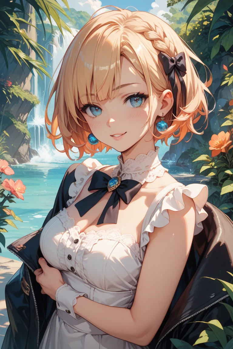 Beautiful and fair、Radiant Skin, 3 Up, Gorgeous, bright, Fresh and gentle expression, Perfect beautiful face、Beautiful shiny bangs, A very beautiful 17 year old girl, Eyeliner, Very perfect eyes，Large Breasts，Grooves reveal original skin，Muscular body，White clothes，Blonde short hair