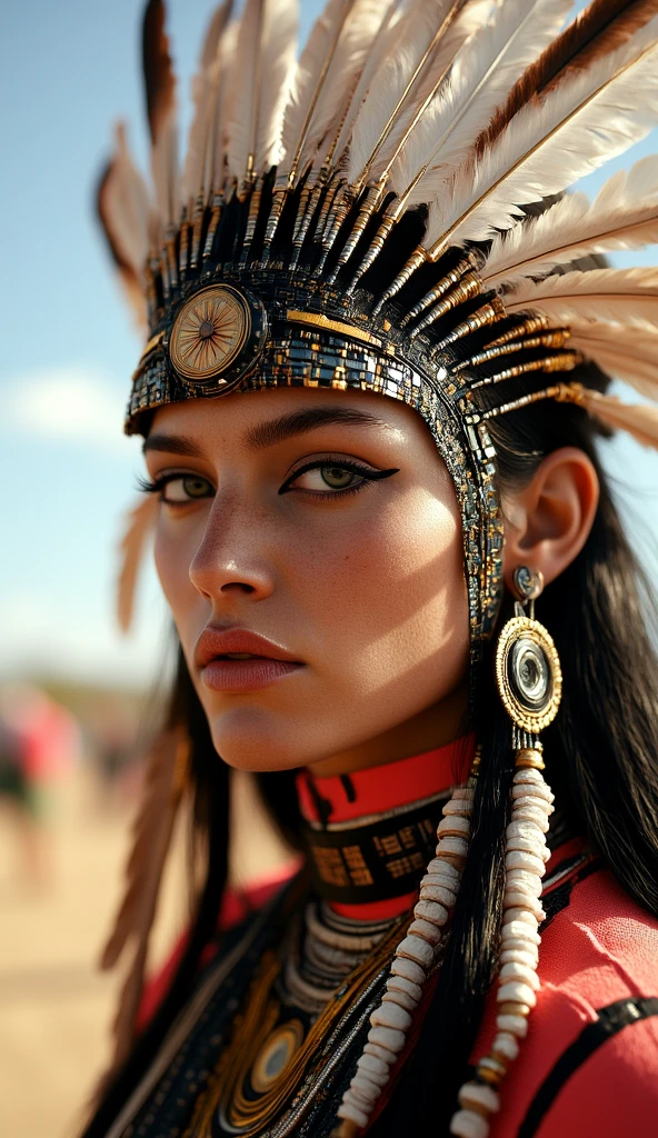 mythp0rt, Beautiful Native American woman, Coachella science fiction festival, piercing eyes, With intensive, almost otherworldly glow, which speaks of advanced cybernetic improvements. She wears a mechanical feather headdress.