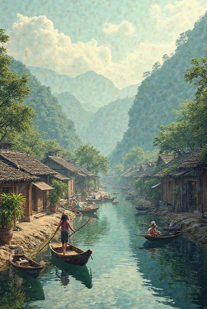 Create an image of An Xa village, Quang Binh province. in the image with the river, Waterfront map