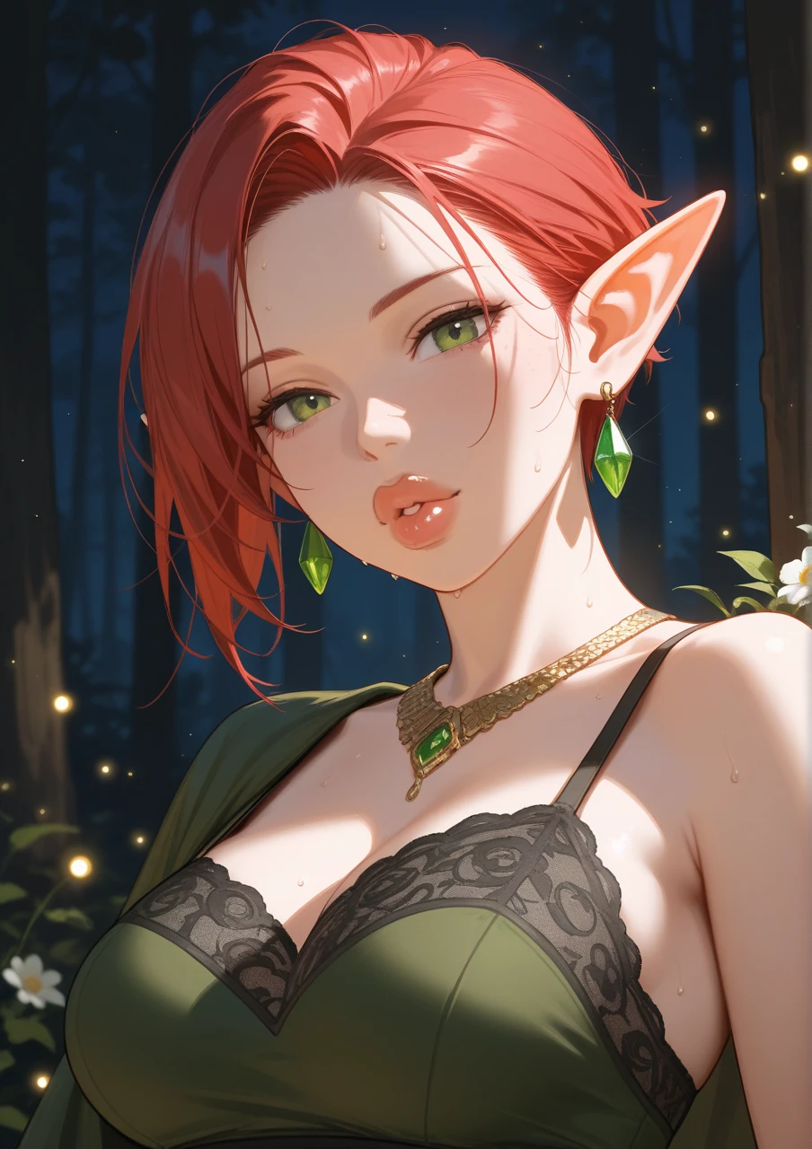 cowboy shot, <lora:sui:0.8> pointy ears, forehead jewel, sui-000008 (2), sui\( Isekai Ojisan\), (see-through dress, green dress, sui \(xiannv\):1.3), indoors, bed, bedroom, (full-face blush:1.3), nightgown, covered nipples, on bed, lying,, absurdres, ultra detailed, masterpiece, best quality, aesthetic, detailed,