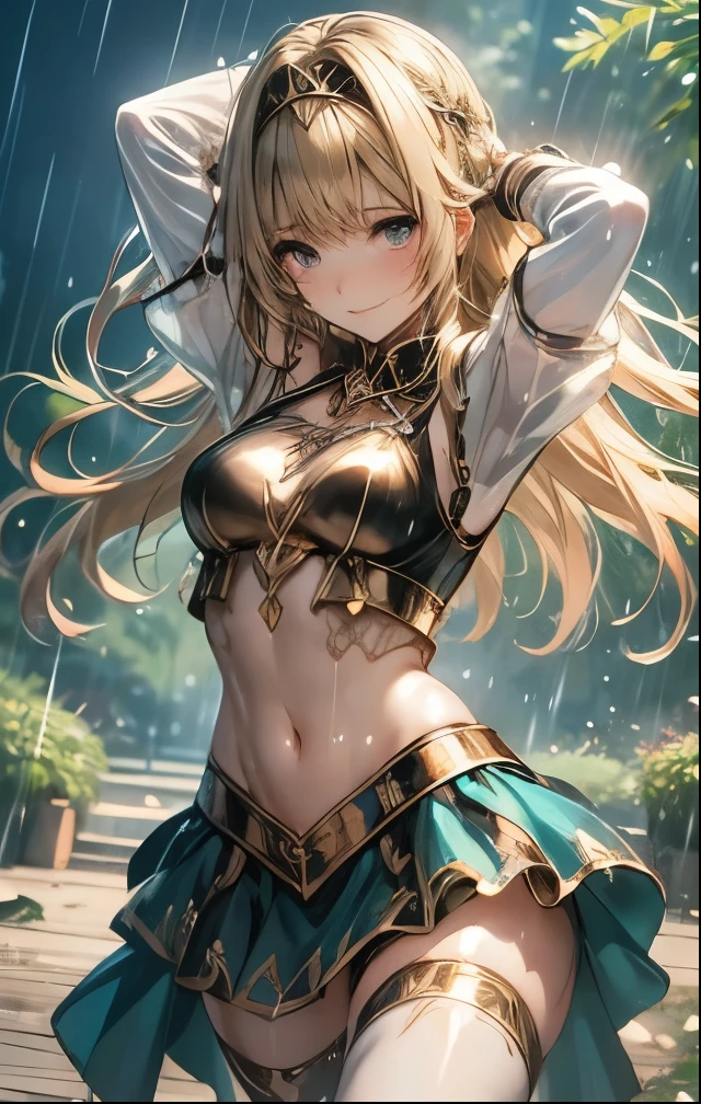 (((SFW、Highest quality、 first class masterpiece 、 Normal Body 、32k、 Detailed Faces 、super precise、 normal hand、5refer to、Highest)))Alisha、beautiful girl、 Gold、Glowing Hair、beautiful breasts、slender、 slim、Petite、 can be used、masochist、(((chain lead slave iron collar:1.3)))、(((heavy metal collar)))、racy high leg transparent underwear appearance、 wet and transparent白ブラジャー、 wet and transparent白パンティ、 Navel Exposure 、(((pink heart tattoo on navel:1.4)))、 Heart Mark on Abdomen (((PINK Pubic Tattoo:1.hyly blush and smile 、in the rain、soaking、 wet and transparent、Estrus、 Prodigal Face、A Hee Face、Legs up, open legs, shy dance、Reggae Dance、erotic dance、Raise one leg a lot、split Leg Stand、Outdoors