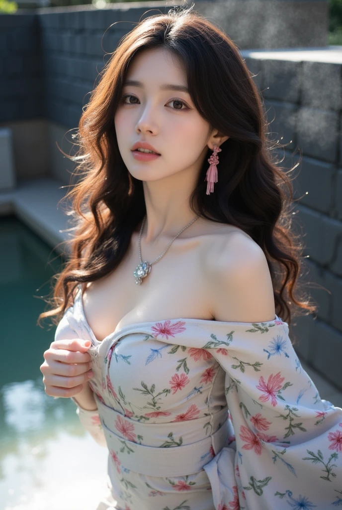 girl, Solo, Jewelry, Long hair, Necklace, earrings, gaze at the audience, Cowboy Camera, off shoulders, Wavy Hair, Bare shoulders, The overall picture is bright, White wall background, Gray eyes, Lips, Parted lips, Skirt, frilld, (Red dress :1.3), Colored balloons, Green grass、reddish、Yellow balloons, winnie the pooh, (flowers background :1.5),Huge breasts、kawaii、Long hair fluttering in the wind、