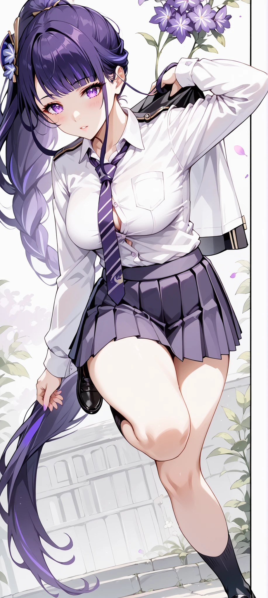 score_9, score_8_up, score_7_up, source_anime, 4K,perfect fingers,(perfect hands, perfect anatomy),prefect lighting, very aesthetic, intricate details,highly detailed background, masterpiece, high quality, best quality,
raidenshogun, raiden shogun, ((ponytail hair:1.5)), hair flower, hair ornament, long hair, mole, mole under eye, purple eyes, purple flower, purple hair, large breasts,,
wearing ((school uniform, tie, black socks, black shoes, short pleated skirt, button-up top, )),,
A sagging breast,