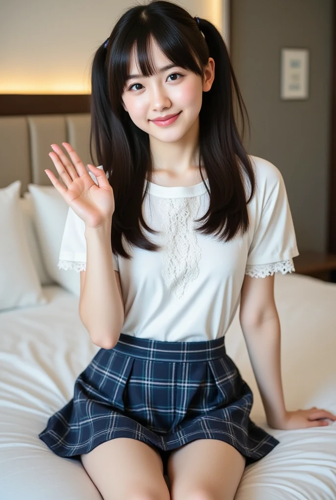 wariza，Sit up，Hands between legs，年轻，(Plaid white pleated skirt)，flat breast，Short sleeve T-shirt，parka，Pupils，s girl，A dark-haired，delicate and petite body，in a house，smil