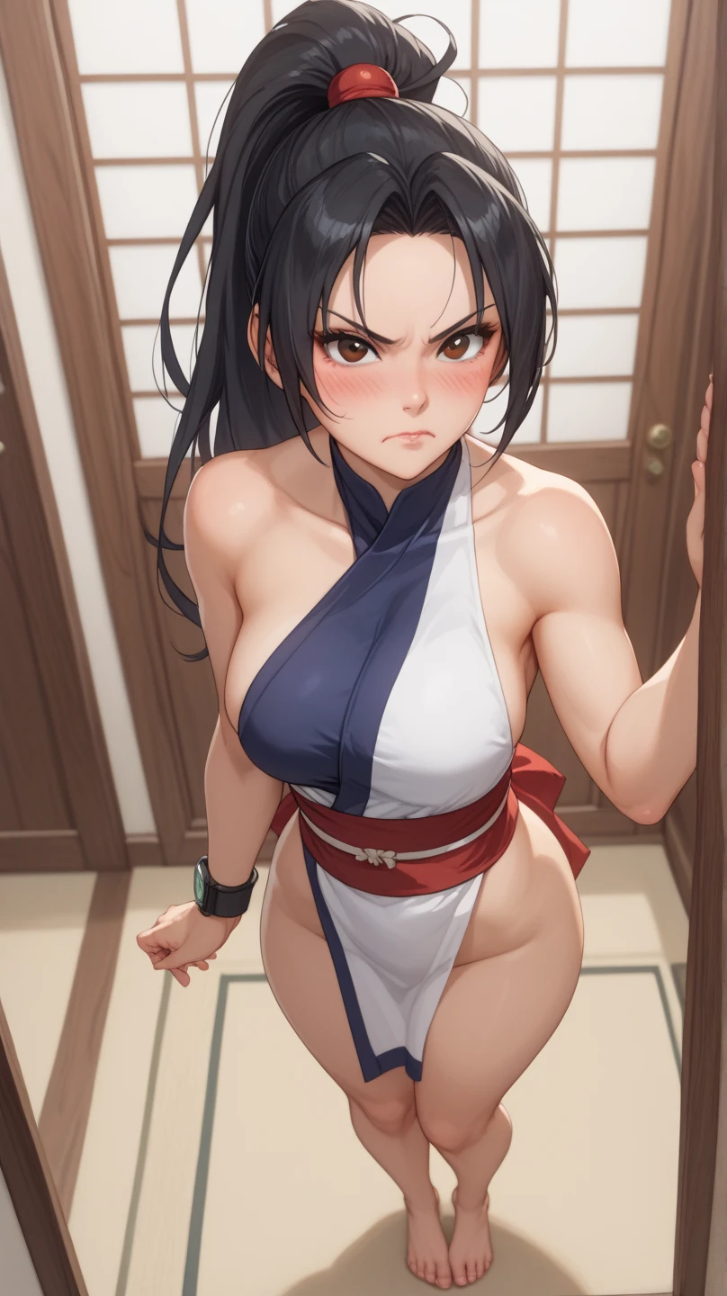 masterpiece, best quality, beautiful art, high resolution, well formed hands, body and fingers, 1 woman, solo, Yoimiya, adult, grown up  ,big breasted, cleavage, full body, black stockings, sleeveless, leotard peeking, pelvic curtain, sexy Japanese clothes, maid,  hair ornament, gorgeous legs and thighs,  she is fighting in a combat match at a martial arts tournament, she is getting ready to fight, making her guard pose, action and fighting scene, about to hit the viewer, looking at the viewer, sweating , feeling confident and proud, smiling joyfully and happily, charming her opponent with her beauty, bouncing  breasts, fighting scene, martial arts tournament on the beach 