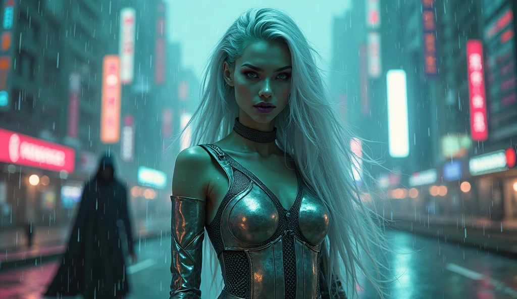 (hyperrealistic, photorealistic, 8k, intricate details, sfx, dynamic angle:1.3), Medium Long Shot of a beautiful American woman, with long blue and blond hair, full breasts, full cleavage, beautiful azure color eyes, wearing Transparent lingerie, walking seductively on through a futuristic city, cyberpunk themed