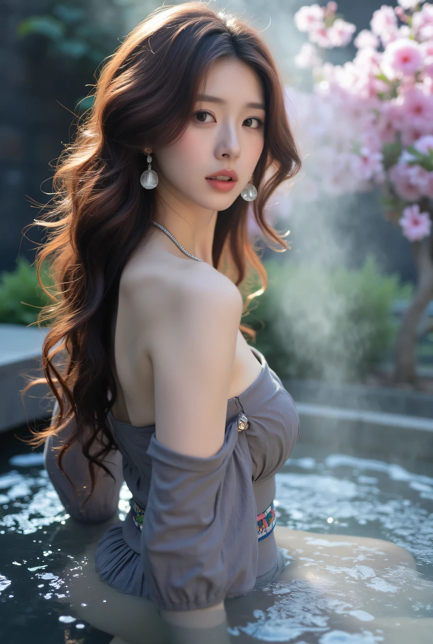 Close-up of a beautiful young woman playing a grand piano, elegant posture, deep concentration, serene joy. She has long, wavy brown hair cascading over her shoulders, catching the golden hour light. Her eyes are closed as she immerses herself in the music. She wears a form-fitting, off-the-shoulder red dress with a deep V-neckline, highlighting her curves. The dress is made of a luxurious, silky fabric that shimmers in the light. Soft natural light highlights her features, casting gentle shadows on her face. In the background, a stunning waterfall cascades down a rocky cliff, surrounded by lush greenery and vibrant flowers. The scene is captured in high-resolution with vintage film camera quality, rich textures, and warm tones, emphasizing the harmony between the girl and the natural beauty around her