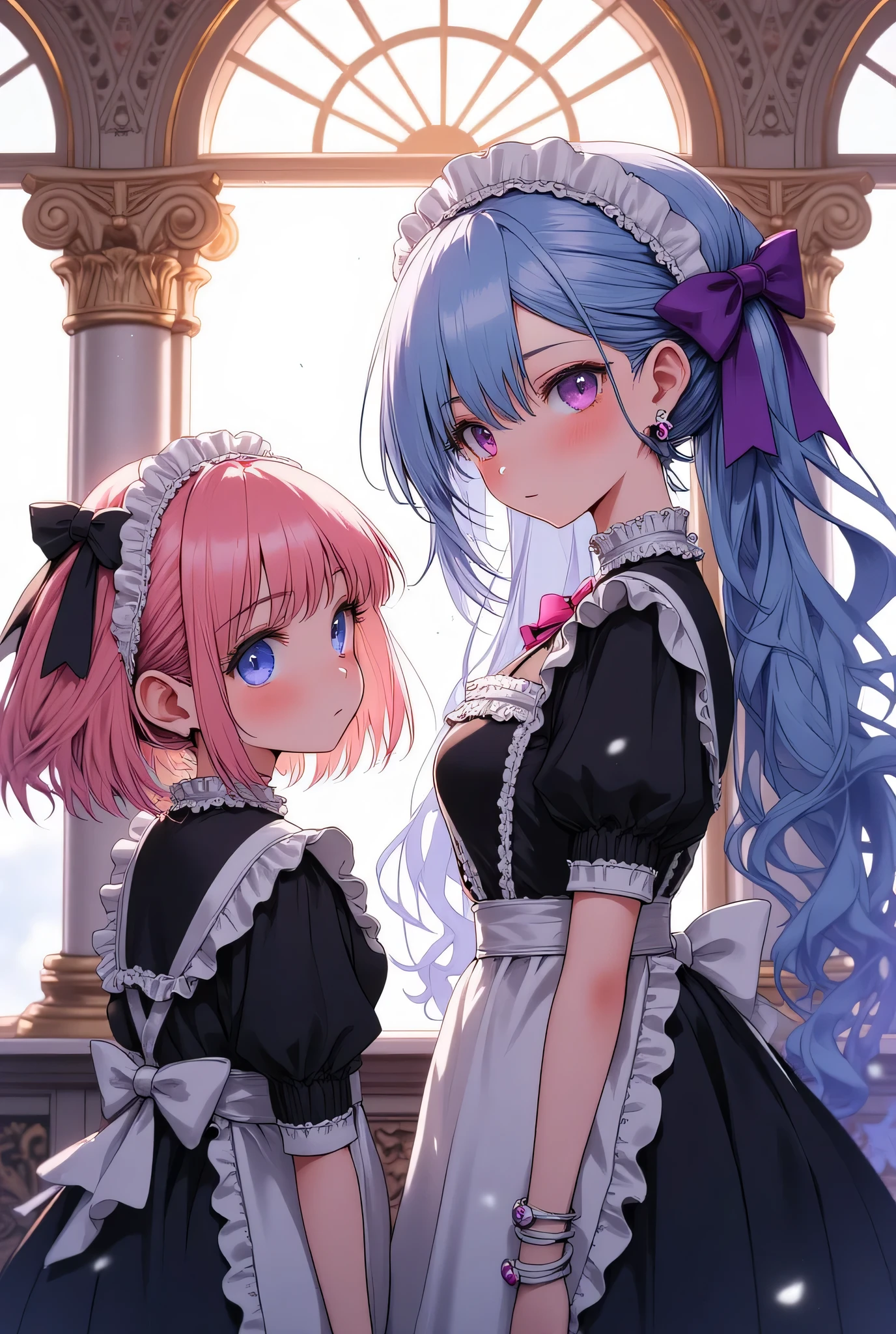 (EyesHD:1.2), masterpiece, best quality, ultra-detailed, very aesthetic, sharp focus, depth of field, vibrant colors, ray tracing, best lighting, detailed illustration, detailed background, cinematic, beautiful face,beautiful eyes,
Two anime girls in an elegant palace room.
The t is a young girl with medium pink hair(two side up) and kindergarten clothes (light blue) and dark pink eyes.
The 2nd is a beautiful anime girl with long, light blue hair and bright purple eyes, wearing an elegant gothic ta maid outfit with a black and white frilly dress, purple ribbon accents, and a heart-shaped pendant at the collar.
