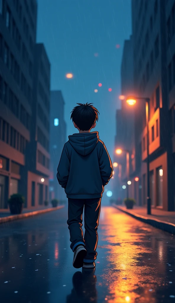 ""Anime-style illustration of a lone boy walking down a dark empty street at night, streetlights glowing softly, light rain falling, city faded in background, wearing a hoodie with hands in pockets, calm but intense look, cinematic lighting, dark blue and orange color palette, emotional and powerful atmosphere, vertical composition"