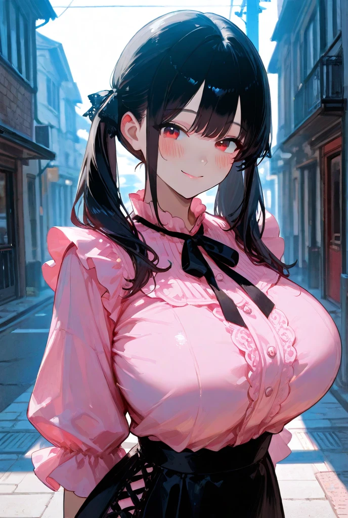 (nsfw),masterpiece,ultra detailed,hyperrealistic anime,curvy seductive woman,(tareme),thick lips,long black hair,blunt bangs,wavy hair,tube top frilled blouse,black short skirt,stall on shoulder,,make-up,standing at crowded street,sweaty,look at viewer,aroused and happy,pouting,sideshot