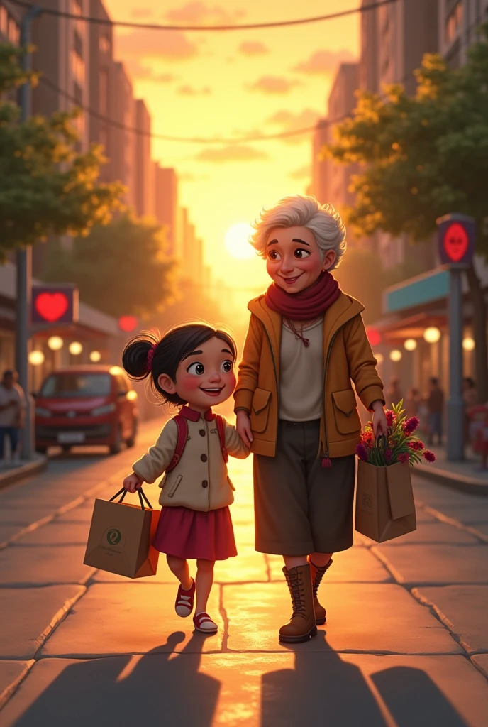 “A serene scene of a young girl helping an elderly woman carry groceries in a vibrant city street during sunset, warm lighting, soft brush strokes, concept art style – theme of kindness and goodness”