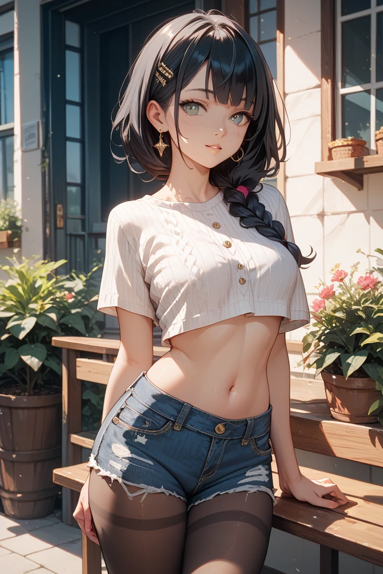 Ultra-high resolution, (Realistic: 1.4), RAW Photos, Highest quality, (Photorealisticistic), concentrated, Soft Light, ((15 years old)), ((Japanese)), (front, Young Face))), (Depth of written boundary), (one piece), masterpiece, (Photorealistic), woman, bangs, (( Headband Top, Shorts, Small breasts, 1 girl))
