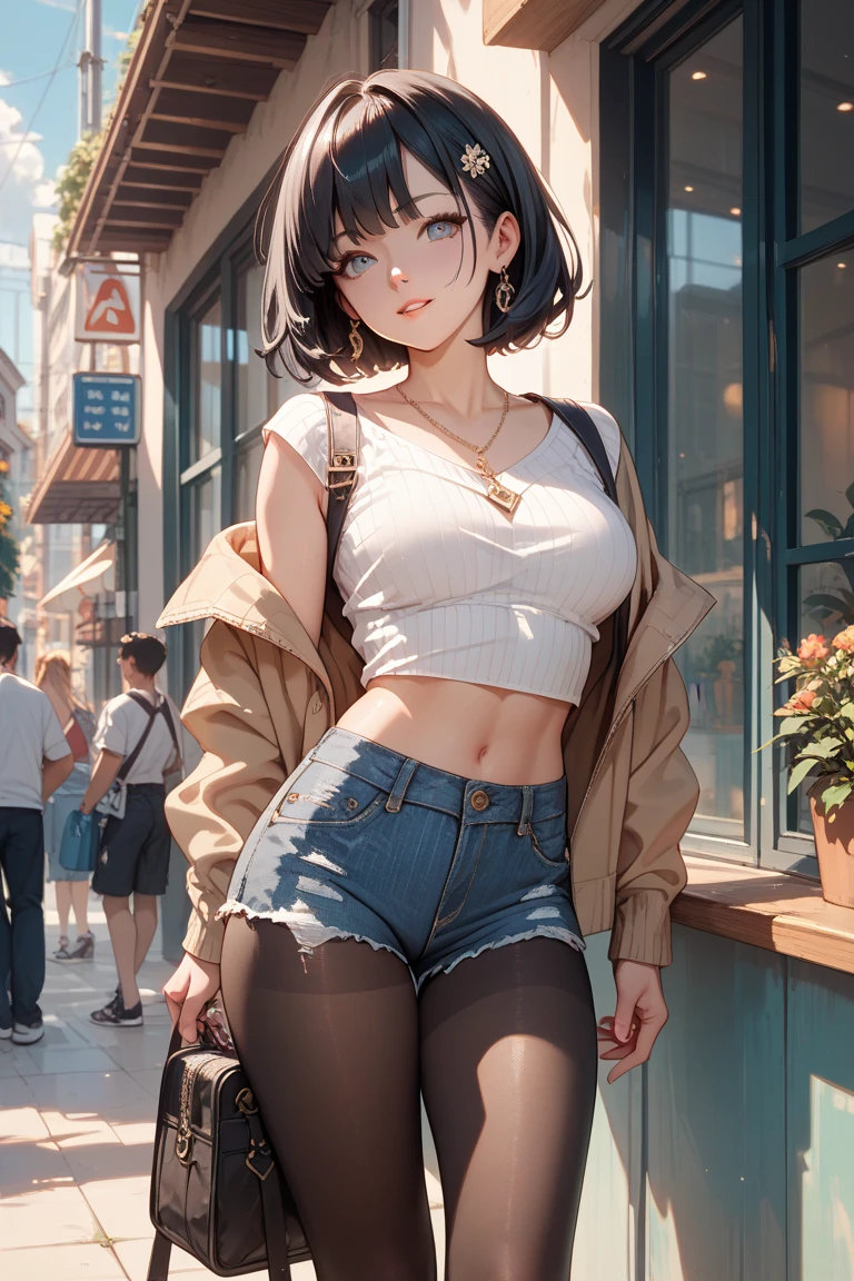 ((masterpiece,Highest quality:1.3,best quality illustration)),(realistic:1.2)、cowboy shot,独奏,1woman,(Mature Beauty),black hair,(very short bob hair),bangs,black eyes,(gorgeous big eyes),(very small head),blush,(very long body,skinny,slender body,tan skin),((Navy blue baseball jacket)),small breasts,gleaming skin,oily skin,denim micro shorts,Wearing a white tank top and a blouson,on street,New York City、
