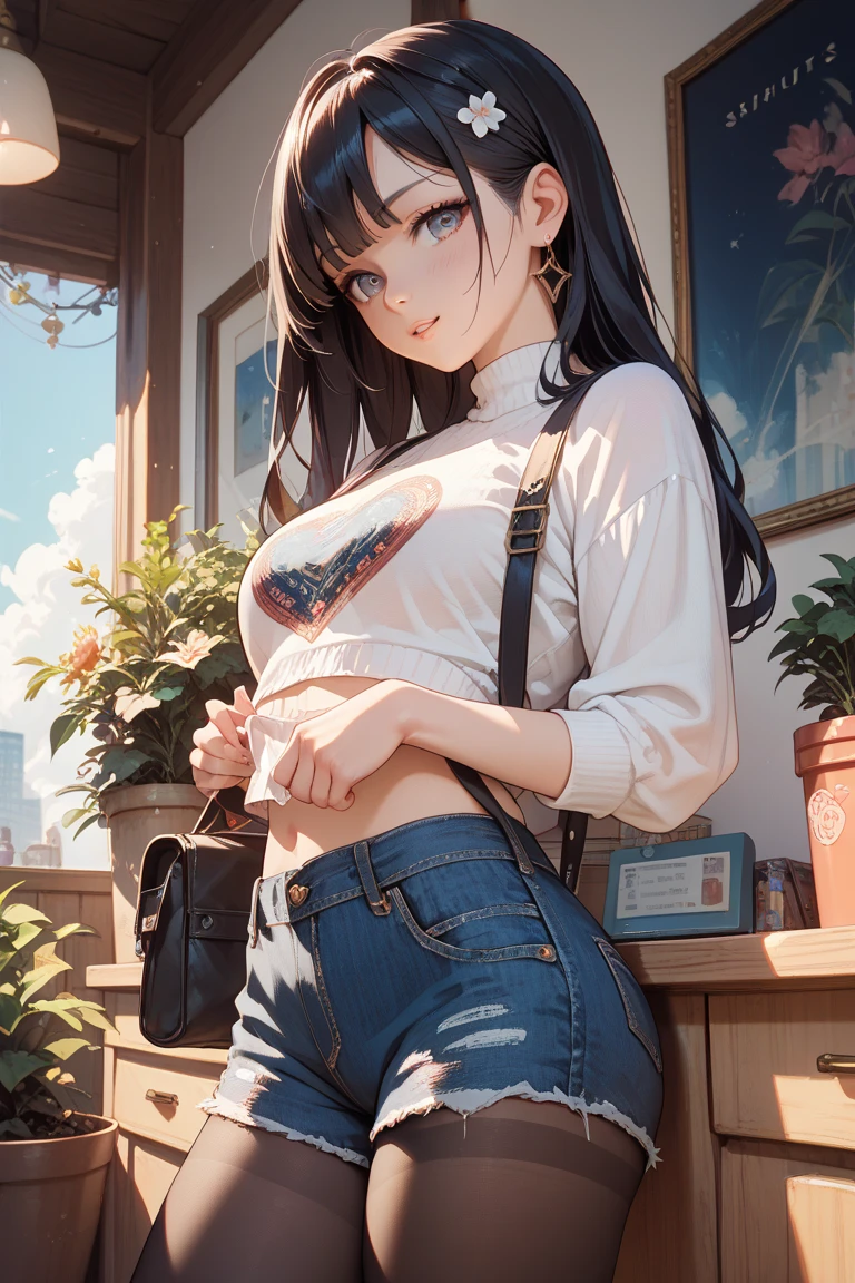 Tabletop, high quality, pretty girl, Black hair in twin tails,big, Round eyes,Very short stature, Body Type,Very thin limbs,Very small ass,Very small budding breasts,Distressed low-leg denim shorts,(Topless:1.5),(tits:1.5), indoor, Winter twilight window,Sunset,Dark Room,A shy smile,blush,(Always fly wide open:1.2),(The cute cracks of women whose zippers are always partially open:1.2),