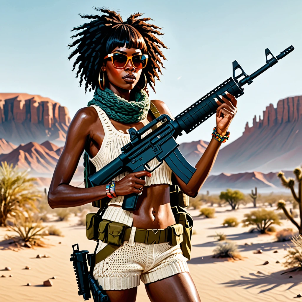  bangs down bob　cut up　knitting glasses　Flashy hair　dark skin　 desert　battlefield　Carrying an assault rifle　 wild　female