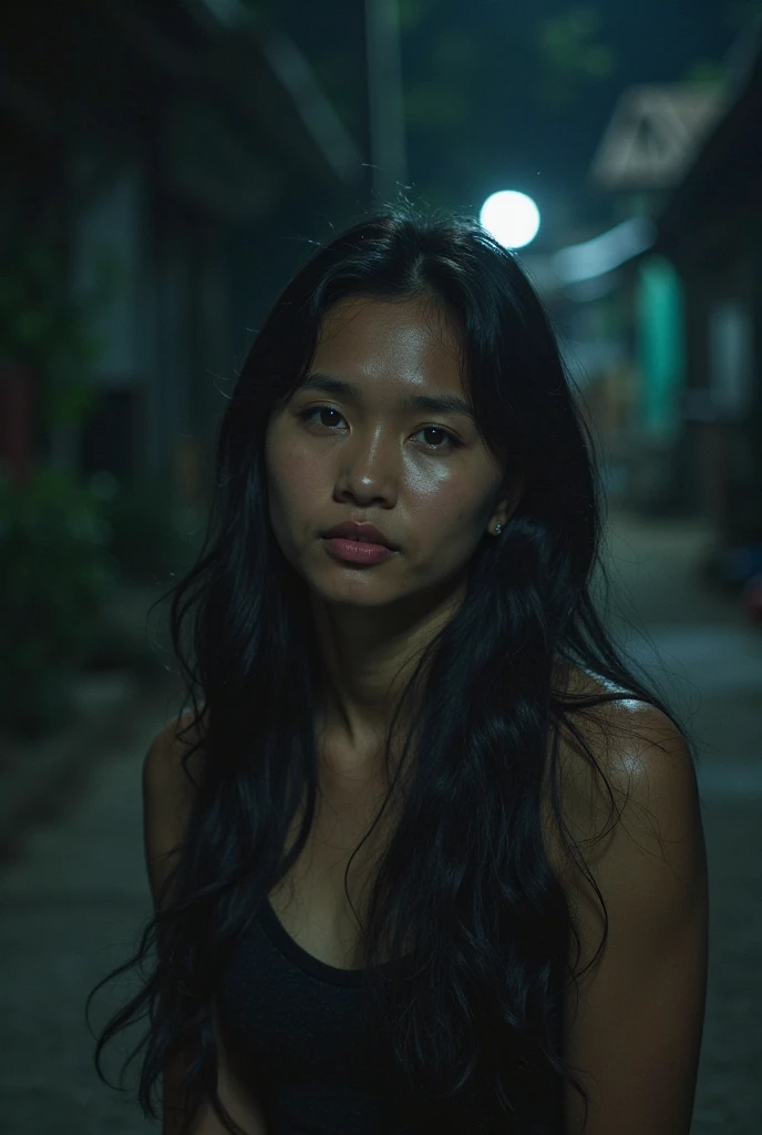 Capture a medium shot of a 26-year-old Hispanic-Filipina woman with tanned, brown skin and long, thick waist-length black hair. She stands in the doorway of a condo apartment in the Philippines, portraying an angry expression with furrowed brows and a pouting mouth. She wears a casual, small skirt. The scene is set against the backdrop of twilight colors in the sky, creating a dramatic, moody atmosphere. A carry-on luggage is visible in the background, emphasizing her possible travel intentions or arrival. The image should have a bokeh effect with a 2.8 aperture depth of field to highlight her vivid facial expressions and intricate hair details.