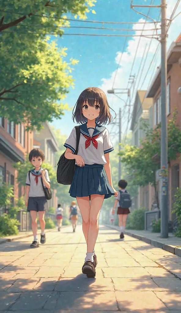 1 girl, uniform,high school student,Going to school,smile,morning