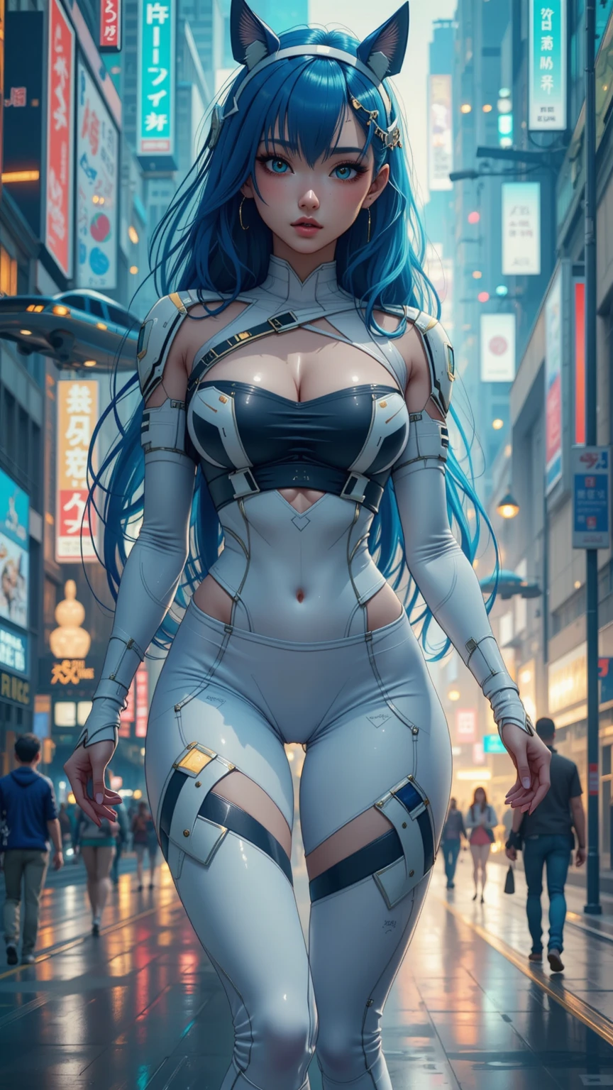 anime girl with blue hair and blue eyes in a city, cyberpunk art inspired by rossdraws, pixiv, digital art, digital cyberpunk - anime art, digital cybprofessional, 8k, ultra-detailed, photorealistic, realistic, cinematic, vibrant colors, digital cyberpunk, anime girl, blue hair, blue eyes, city background, neon lights, holographic displays, floating vehicles, futuristic architecture, advanced technology, moody lighting, dynamic pose, expressive face, intricate details