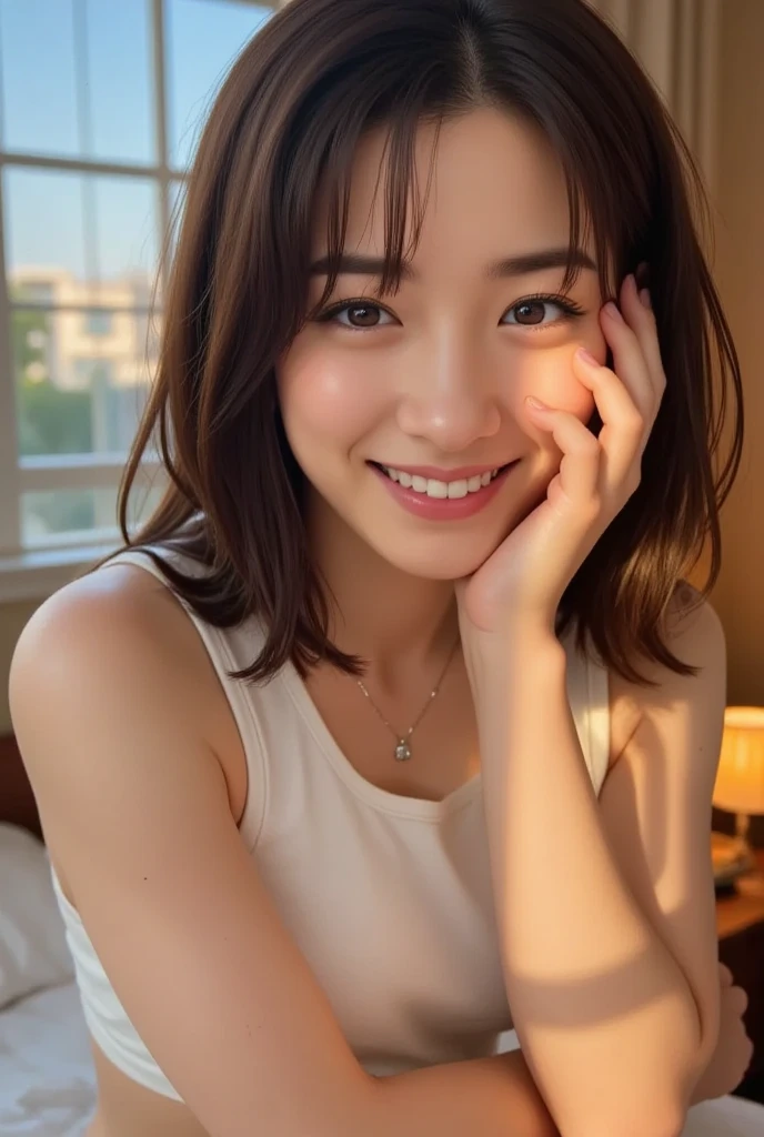 A smiling person in a kitchen, holding a glass of juice next to a window with the morning light streaming in.