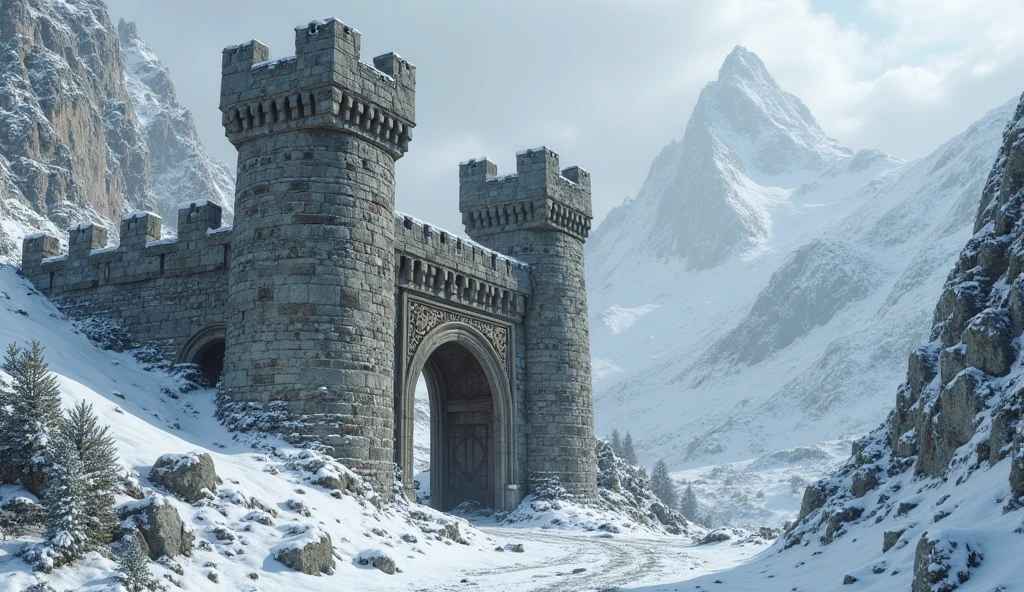 An ancient snow-covered castle on a mountainside.The gate is ajar,the walls are almost destroyed .photorealism,improved detail. 8 k