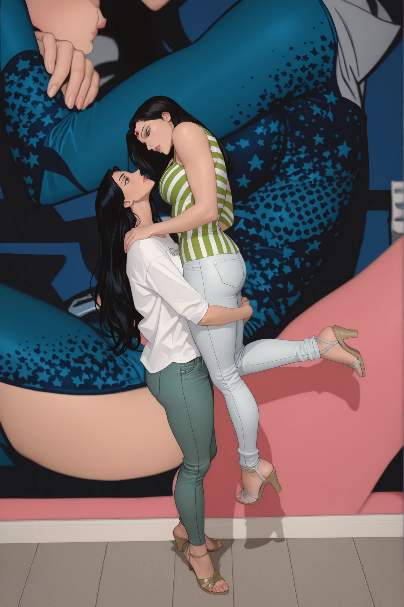 2girls, lesbian love, wonder woman on the right wearing a white jeans and orange striped top is picked up by her girlfriend nico robin who is wearing a white shirt and olive green jeans, best quality, perfect anatomy, perfect hands, perfect face, perfect eyes, perfect lips, perfect hands, perfect legs