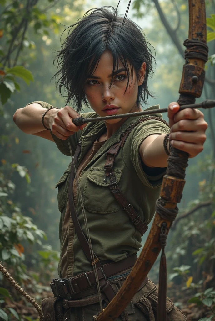Now cut her hair, shirt and layered. She has on a hunters shirt. A crossbow in her left hand, her right reaching for an arrow. She is rebellious, but she is beautiful 