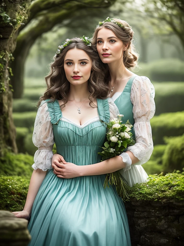  portrait moyen d'un couple amoureux ,  1 beau gentleman victorien fort et sa gentille petite amie de 20 ans,  Dans des vêtements d'équitation victoriens britanniques ......., femmes mignonnes; robe, peau délicate, châtain foncé, droit, cheveux moyens;, détaillé,  yeux parfaits en forme d'amande vert émeraude ., lèvres parfaites, sensuelles et charnues, Similitudes avec Scarlett Ohara , jardin ensoleillé d'un manoir victorien en arrière-plan, peinturedigitale, concept art portrait en résolution 4k par Greg Rutkowski, germe d'art, wlop,