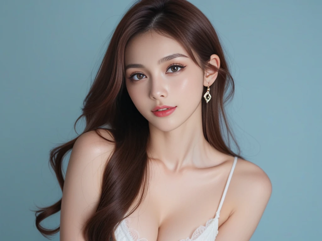 real picture，（lifelike， high resolution：1.3），（whole body：1.5）， 1 girl with a perfect figure：1.4， Delicate facial features，Double eyelids，Long eyelashes，Tall nose，Wear a necklace，Long hair，Lean abdominal muscles：1.1 Random Color Tights：1.2， Short jeans， Big ，Show a little cleavage