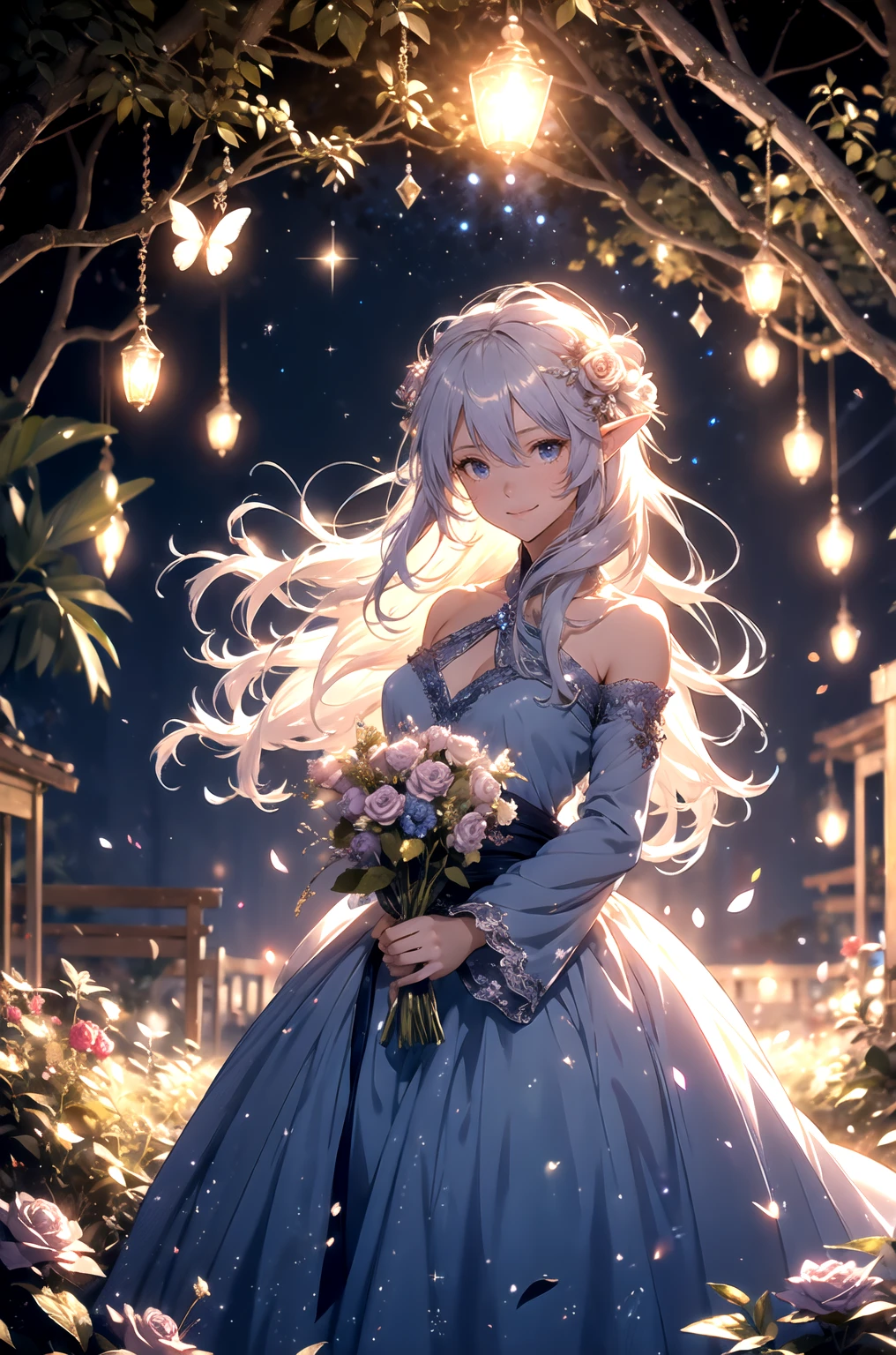 top quality　 mysterious 、(cowboy shot ) エルフ1 WOMAN cute smile！smile!   gentle gaze  ,  Beautiful Eyes 、elf ears、 胸囲130 美しい beautiful skin  、、  music 　Soothing Simple Lawn Composition              　flower、  beautiful starry sky　 courtyard　Beautiful Rose Hedge　　　　Many kinds of flowers　  Mr..々flower　 butterfly々　　　　Beautiful garden　、　fruit　fun！　
Keep it simple      　 beautiful brilliance 、long silver hair、The strongest beautiful decorative flower白 dress、  Calm Atmosphere   、   petals、  open 、  Beautiful young body 、  is big 、beautiful skin,  、beautiful brilliance,  high definition depiction  ,                              Realistic Fantasy Romanticism ,, ultimate beauty　moving！high resolution, 