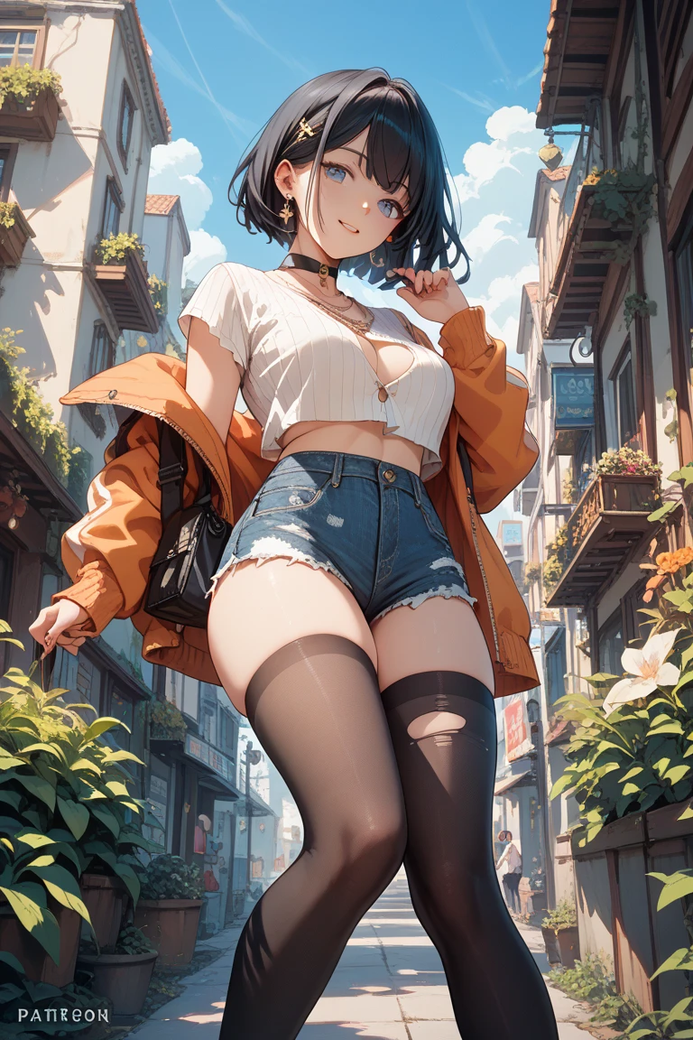 1 woman showing her feet low angle,Sole,White belly button tank top,Wearing an unzipped black hooded jacket,Bangs, Long hair,齐Bangs, Denim shorts,Anatomically correct, Large Breasts(d), Smirk,Mature,
