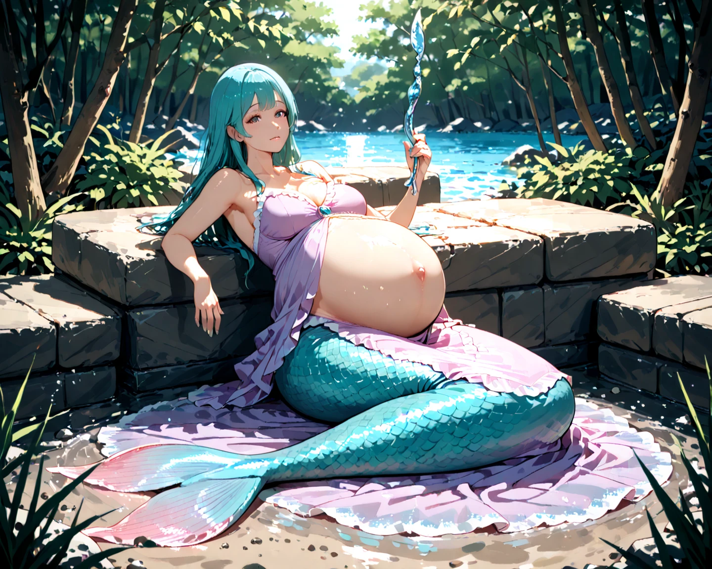 (Full body, glasses, detailed), An image of a pregnant girl wearing a magical girl costume with her belly on full display. She has a smug face. (She is very sweaty and steamy)