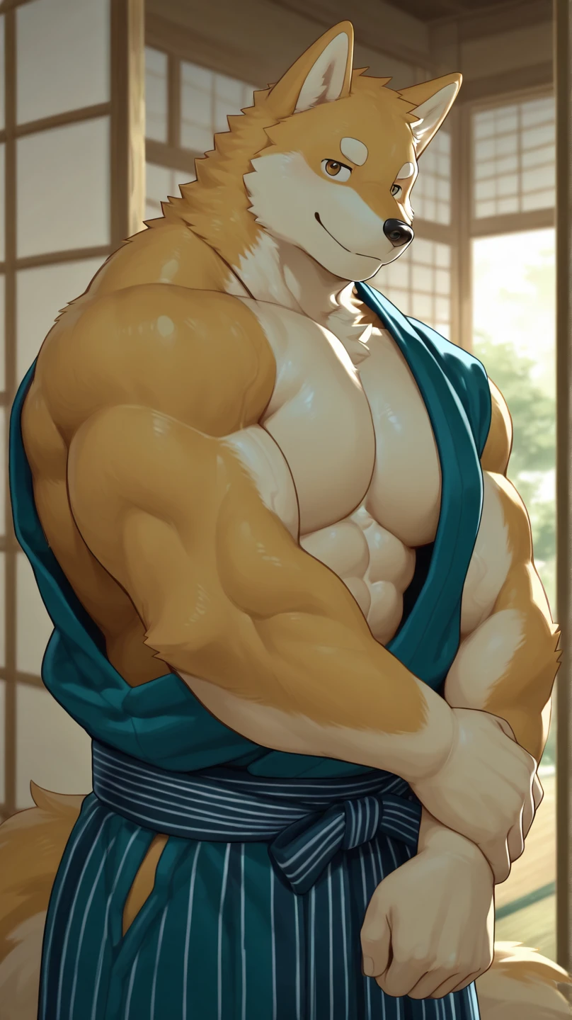 Wolf, By Meesh, Big Pecs, Fluffy Tail, 1boy, abs, bara, bare pectorals, black hair, blue pants, cropped legs, dougi, japanese clothes, large pectorals, male focus, martial arts belt, mature male, muscular, muscular male, navel, navel hair, nipples, open clothes, pants, pectorals, short hair, sideburns, solo, stomach, sweat, thick eyebrows