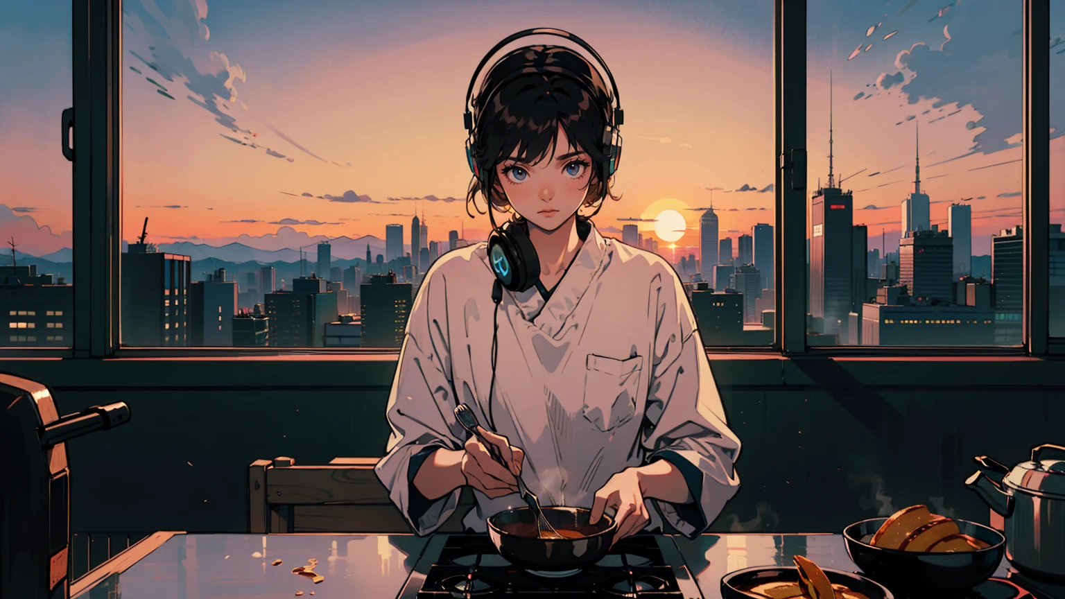 Alone, Quiet, beautiful woman, black eyes, Bob hair, Wearing large headphone, Masterpiece, Kitchen、Cooking pancakes、Alone, Quiet, beautiful woman, black eyes, Wearing large headphone, Masterpiece, Kitchen, Pan, Cooking, beautiful tokyo view, beautiful tokyo view, beautiful sunset sky