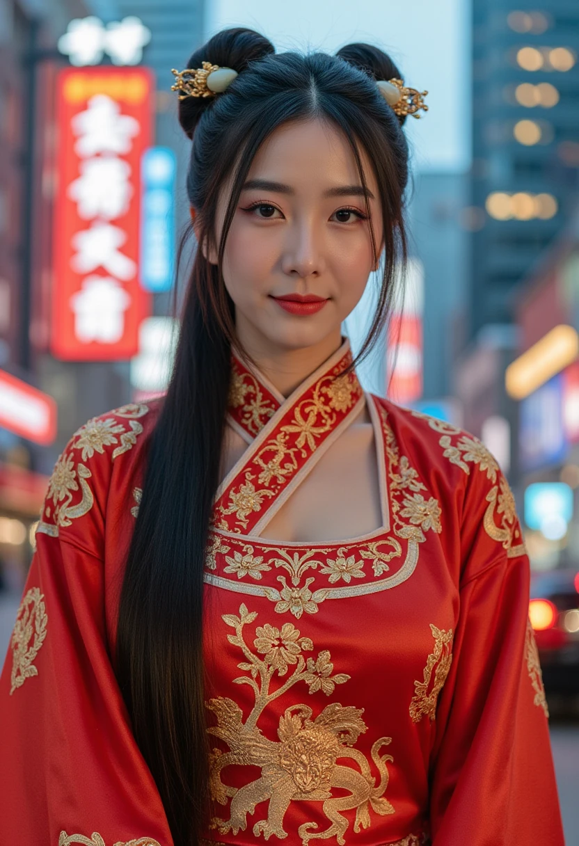 A stunning Chinese actress, embodying the elegance of ancient China, stands confidently in the center of a futuristic cityscape in 2025, dressed in a meticulously restored, intricately designed Han Dynasty imperial court uniform, its vibrant silk fabrics and ornate golden accents shimmering under the warm glow of neon lights that illuminate the towering skyscrapers and flying cars zipping by, her long, dark hair styled in a classic updo, adorned with delicate jade pins, as she gazes directly at the viewer with a subtle, enigmatic smile, her eyes sparkling with a hint of modern sophistication amidst the timeless beauty of her traditional attire, set against a backdrop of sleek, high-tech architecture and bustling urban activity, capturing the essence of a bygone era meeting the wonders of the modern world.