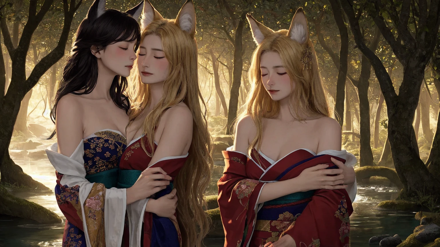 Masterpiece, best quality, high detailed, beautiful face, face detailed description, Ultra-detailed face, Detailed eyes, aspec ratio 16:9, ((1girl, a female blonde with nine tails, nine tails)), delicate and fine, (mystical creatures), massive breast, wearing purple kimono, seductive, varied pose, perfect body, perfect face, plump boobs, perfect boobs, perfect anatomy, fantasy