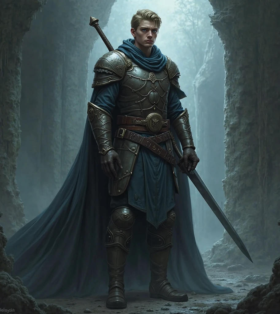 Give me an illustration of a young walking gentleman with a sword and helmet that stands out for his blue eyes and with a gloomy background  