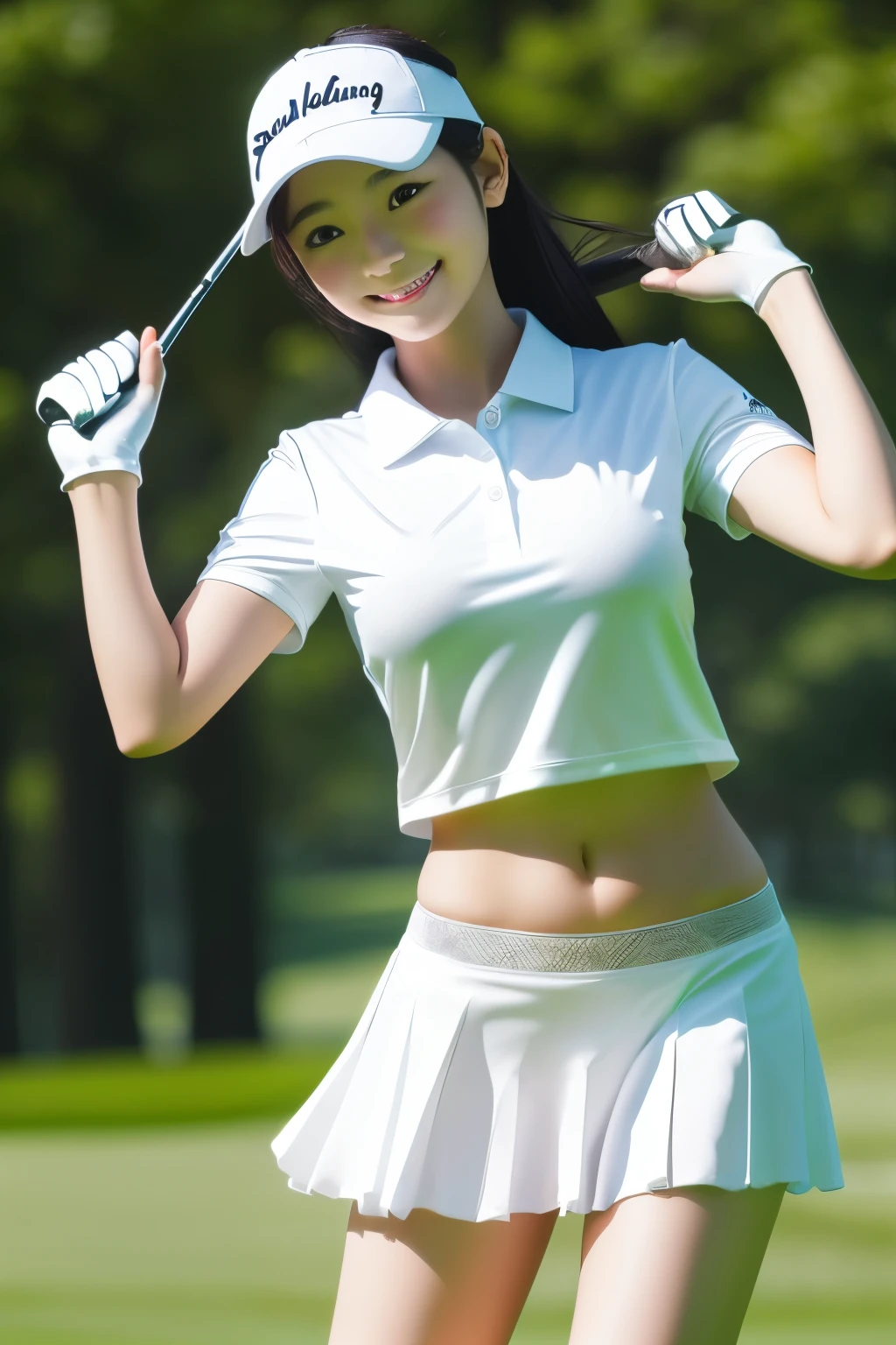 golf、mini skirt、golfコース、Swinging the club、(Highest quality)、((Very detailed))、4K、(8K)、masterpiece、Very detailedな、Highest quality、Super Resolution、1 person、Kind Face、Soft Light、RAW quality、Soft Skin、163cm、30 years old、Thighs、Calf