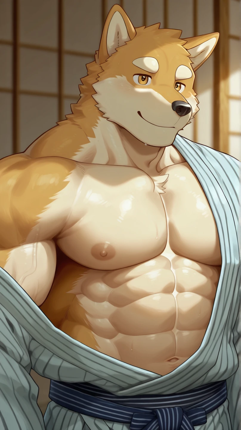 wolf boy yukata Japanese house gray fur loincloth flashy face showing a glimpse of the setting sun showing a little chest ヤングスタイル むっちり