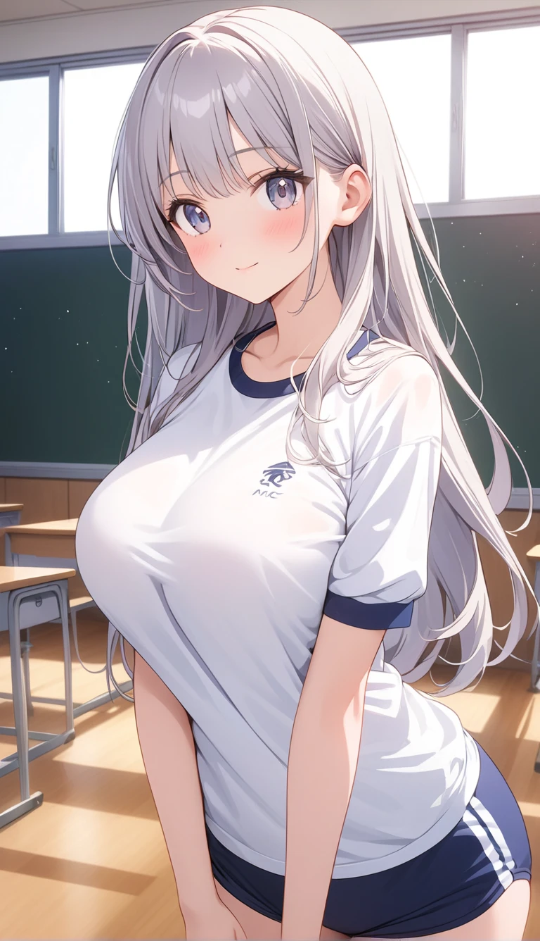 (masterpiece, best quality:1.4),(large breasts:1.0), wearing intricately detailed((gym uniform, buruma:1.09),(white:0.9) cute bra),(head out of frame:1.1),intricately detailed skin,intricately detailed brown long hair, ,(cowboy shot:1.1),jn classroom, (starting to undress:1.0),natural lighting,
