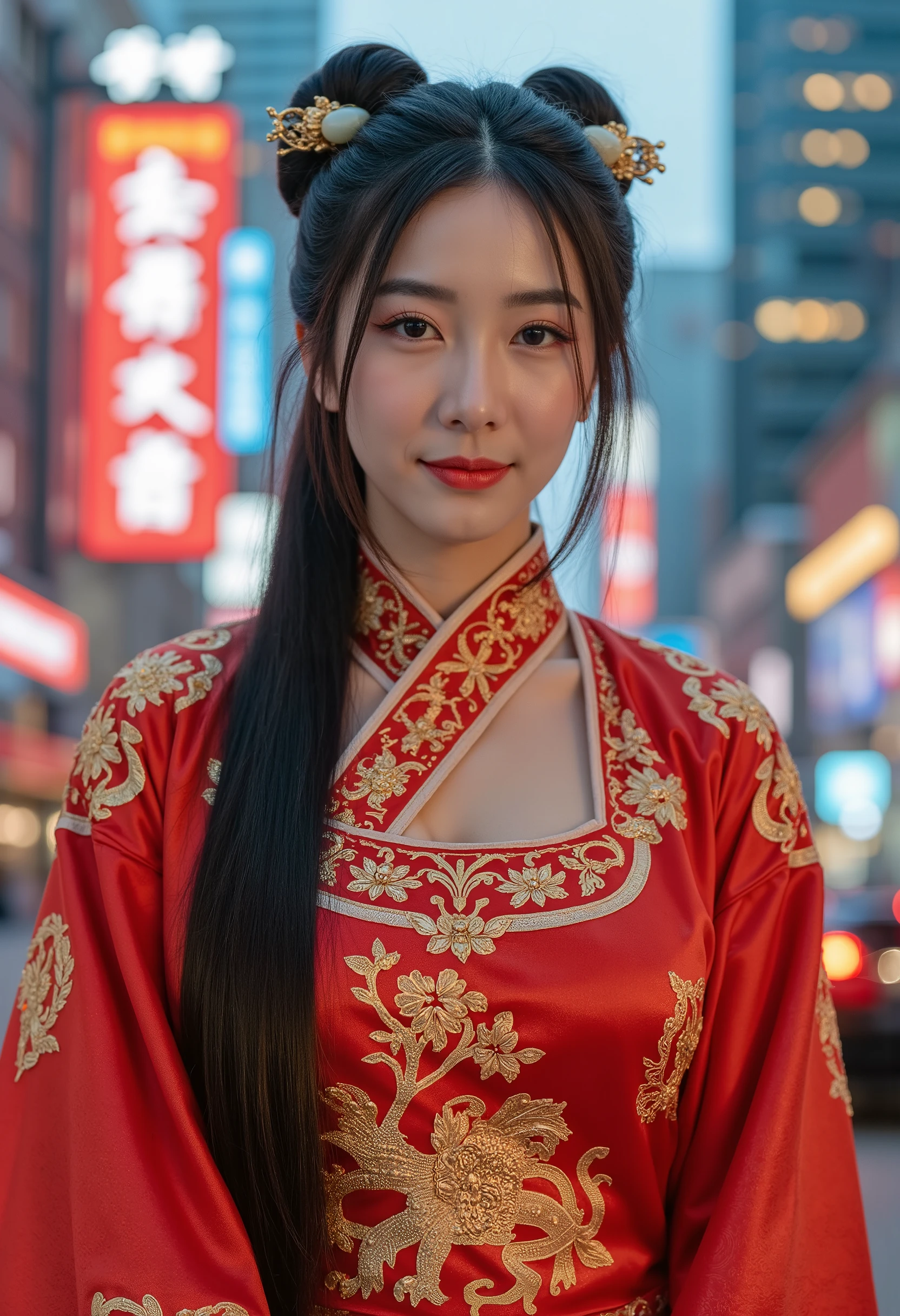 A stunning Chinese actress, embodying the elegance of ancient China, stands confidently in the center of a futuristic cityscape in 2025, dressed in a meticulously restored, intricately designed Han Dynasty imperial court uniform, its vibrant silk fabrics and ornate golden accents shimmering under the warm glow of neon lights that illuminate the towering skyscrapers and flying cars zipping by, her long, dark hair styled in a classic updo, adorned with delicate jade pins, as she gazes directly at the viewer with a subtle, enigmatic smile, her eyes sparkling with a hint of modern sophistication amidst the timeless beauty of her traditional attire, set against a backdrop of sleek, high-tech architecture and bustling urban activity, capturing the essence of a bygone era meeting the wonders of the modern world.