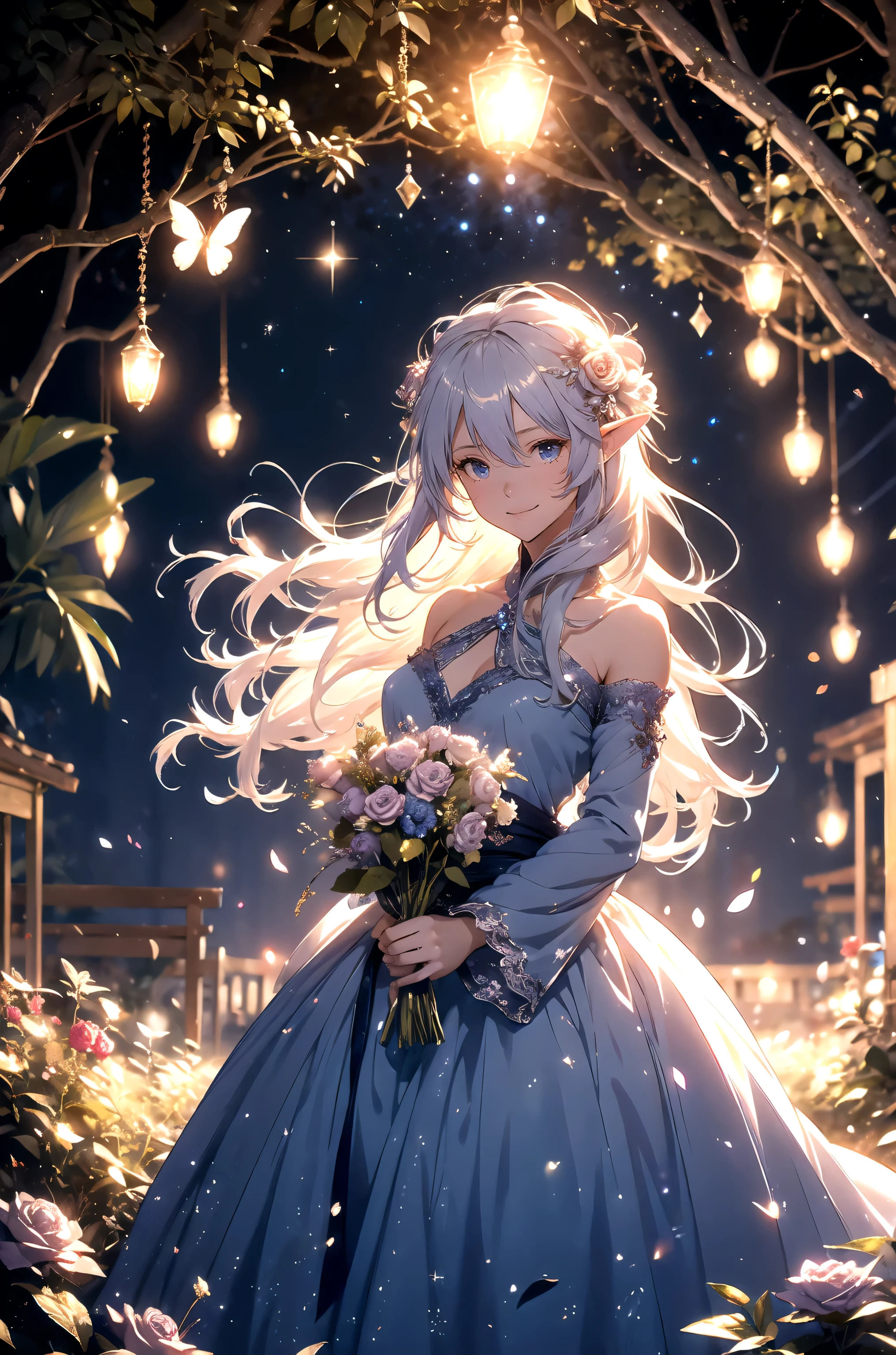 top quality　 mysterious 、(cowboy shot ) エルフ1 WOMAN cute smile！smile!   gentle gaze  ,  Beautiful Eyes 、elf ears、 胸囲130 美しい beautiful skin  、、  music 　Soothing Simple Lawn Composition              　flower、  beautiful starry sky　 courtyard　Beautiful Rose Hedge　　　　Many kinds of flowers　  Mr..々flower　 butterfly々　　　　Beautiful garden　、　fruit　fun！　
Keep it simple      　 beautiful brilliance 、long silver hair、The strongest beautiful decorative flower白 dress、  Calm Atmosphere   、   petals、  open 、  Beautiful young body 、  is big 、beautiful skin,  、beautiful brilliance,  high definition depiction  ,                              Realistic Fantasy Romanticism ,, ultimate beauty　moving！high resolution, 